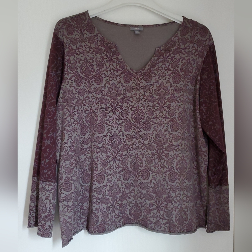 J. Jill Plum and Grey Mixed Damask Pattern Long-Sleeved Tee, Fits XL, 16-18